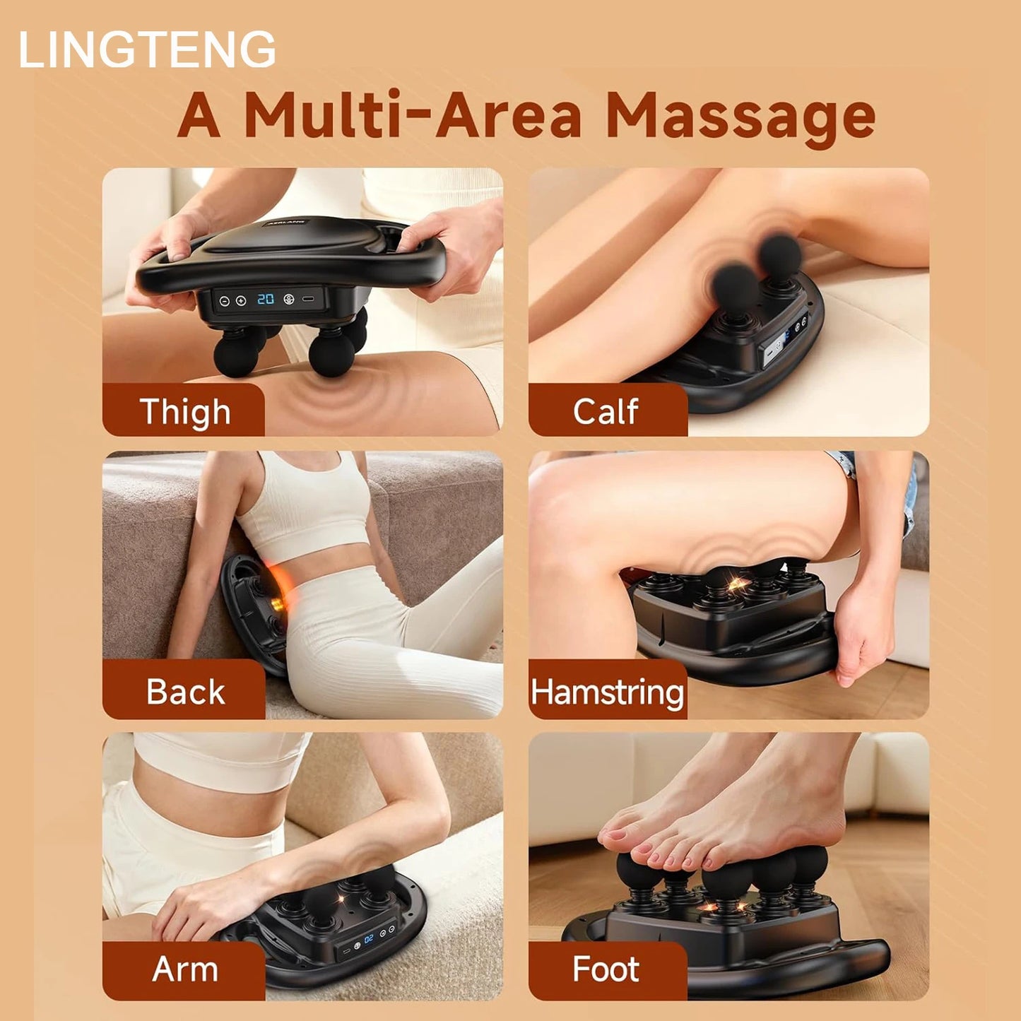 LINGTENG Deep Tissue Massage Gun | 6 Massage Heads | 9 Intensity Levels | 4 Massage Modes | Handheld Percussion Massager
