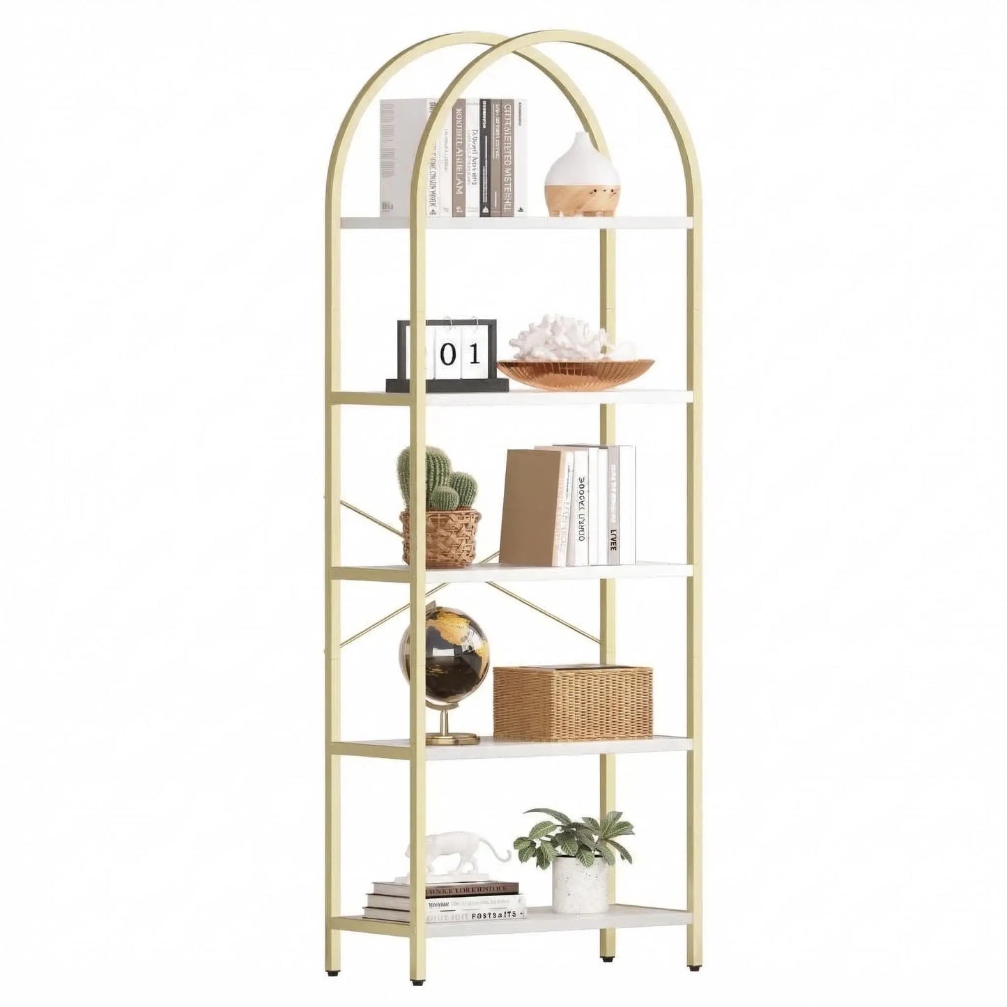 71-Inch Arched Bookshelf | 5-Tier Open Bookcase | Industrial Metal Frame Shelving Unit