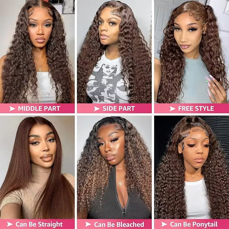 36-Inch Chocolate Brown Human Hair Lace Front Wig for Women, 220% Density, 13x6/13x4 HD Transparent Lace Frontal Wig, Curly Deep Wave Brazilian Style, Pre-Plucked Natural Look