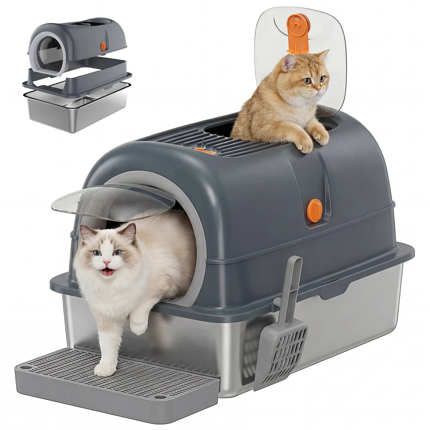JHK 24-Inch Stainless Steel Cat Litter Box, Fully Enclosed 30L Extra-Large Cat Box for Big Cats, Includes Scoop & Litter Mat