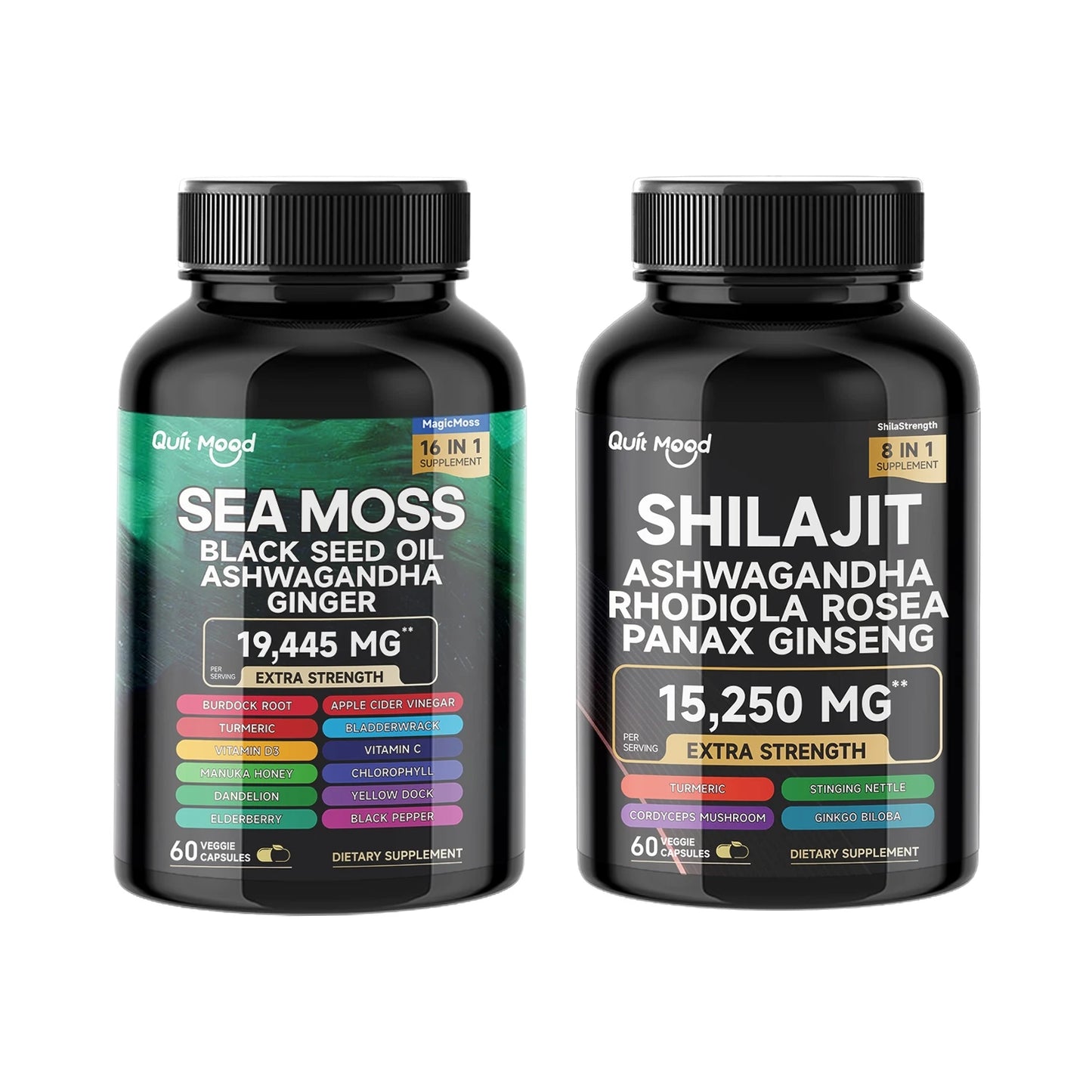 Quit Mood Sea Moss & Shilajit Energy Bundle | Black Seed Oil, Ashwagandha, Ginger, Rhodiola Rosea, Panax, Ginseng, Burdock Root & Turmeric | For Men & Women