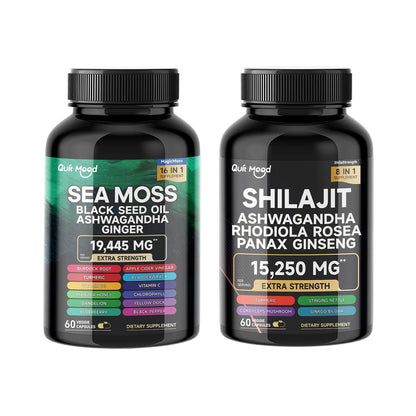 Quit Mood Sea Moss & Shilajit Energy Bundle | Black Seed Oil, Ashwagandha, Ginger, Rhodiola Rosea, Panax, Ginseng, Burdock Root & Turmeric | For Men & Women