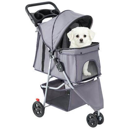 JHK 3-Wheel Pet Stroller | Foldable Design | Mesh Windows | Storage Basket & Cup Holder
