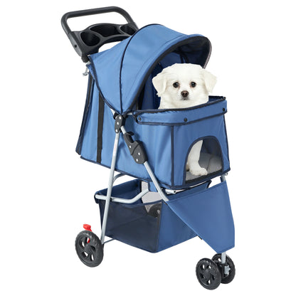 JHK 3-Wheel Pet Stroller | Foldable Design | Mesh Windows | Storage Basket & Cup Holder