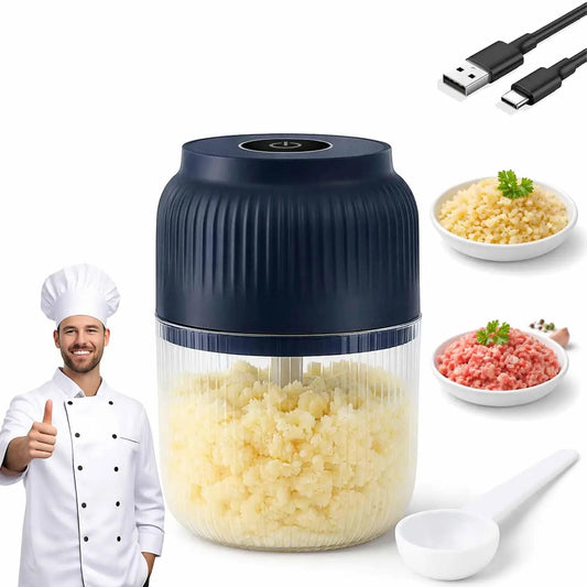 300ml Capacity Electric Garlic Chopper, Mini Portable Veggie Cutter, 4 Sharp Stainless Steel Blades Mini Electric Food Chopper, Compact Size, Easy to Clean, One-Touch Operation (Blue)