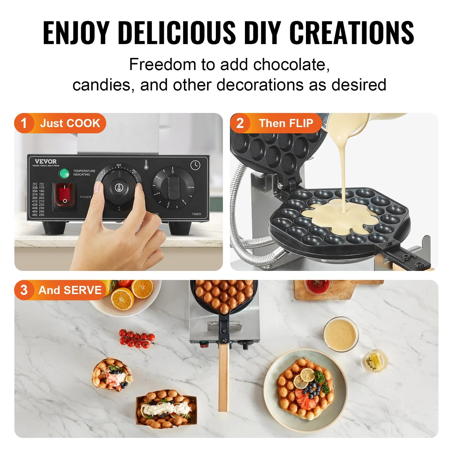 SucceBuy Commercial Egg Bubble Waffle Maker, 1400W Stainless Steel Waffle Machine with Non-Stick Dual Pans, 180° Rotating Design, and Wooden Handles
