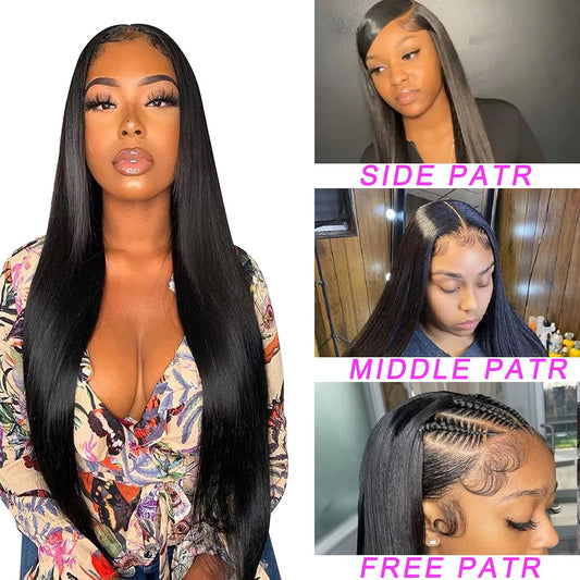 13x6 HD Transparent Lace Front Human Hair Wig, Pre-Plucked Straight Wig, 200% Density, Natural Black for Women