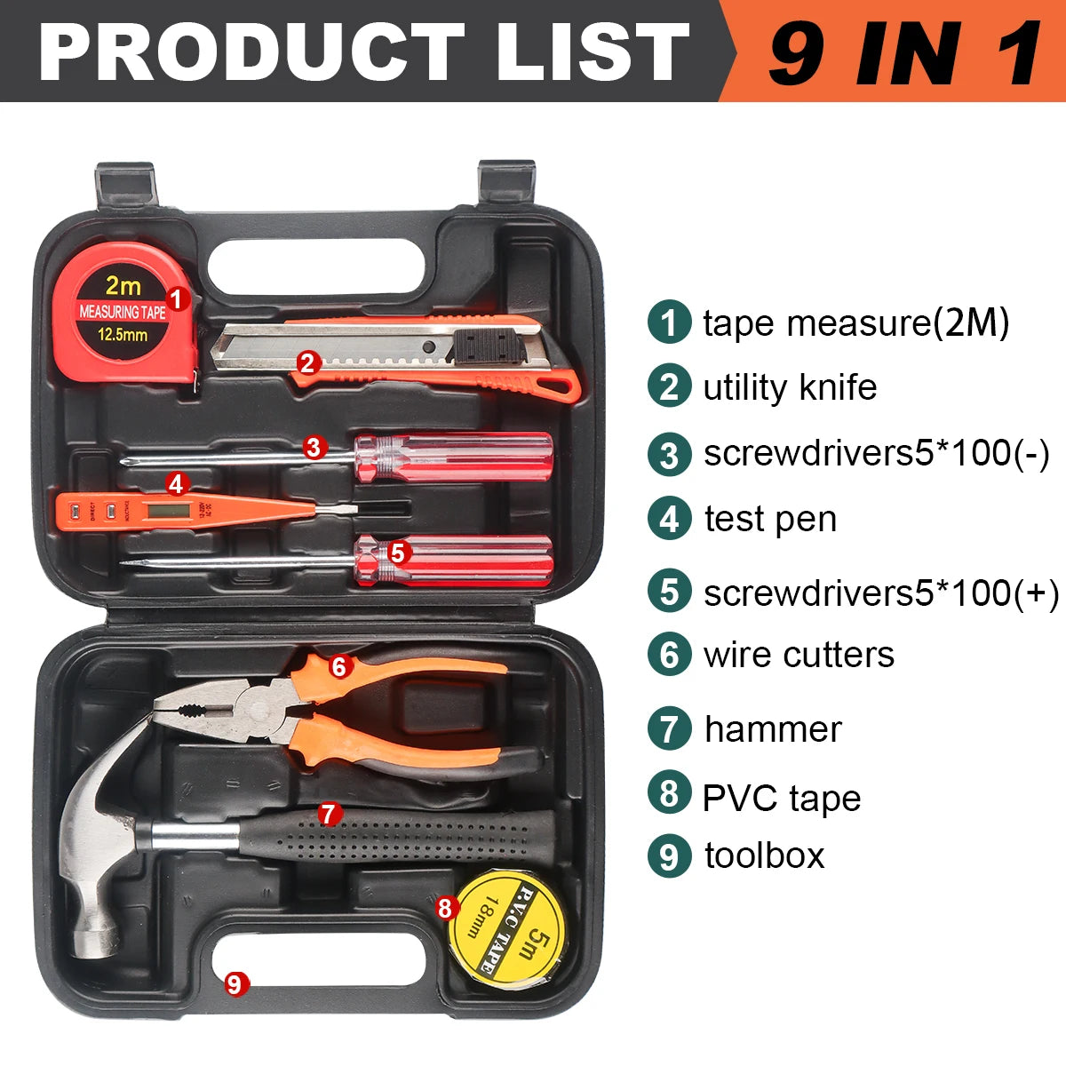 Household Hand Tool Set | 8/9/12/13-Piece | Portable Plastic Toolbox | Home & Auto Repair Kit