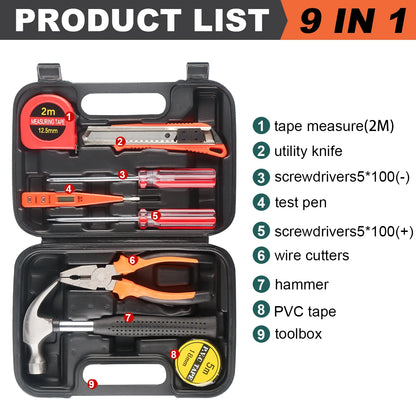 Household Hand Tool Set | 8/9/12/13-Piece | Portable Plastic Toolbox | Home & Auto Repair Kit