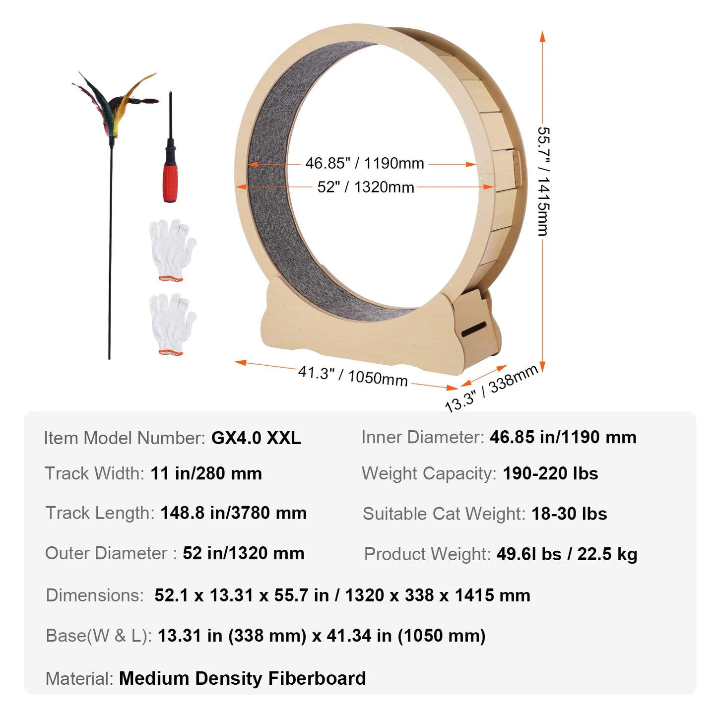 SucceBuy Large Wooden Cat Exercise Wheel, Indoor Cat Treadmill Wheel with Detachable Carpet and Interactive Cat Tease