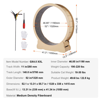 SucceBuy Large Wooden Cat Exercise Wheel, Indoor Cat Treadmill Wheel with Detachable Carpet and Interactive Cat Tease