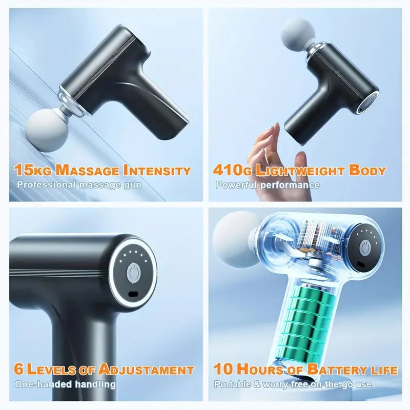 Portable Percussion Massage Gun | 6 Speed Levels | 4 Interchangeable Massage Heads | Deep Tissue Muscle Massager