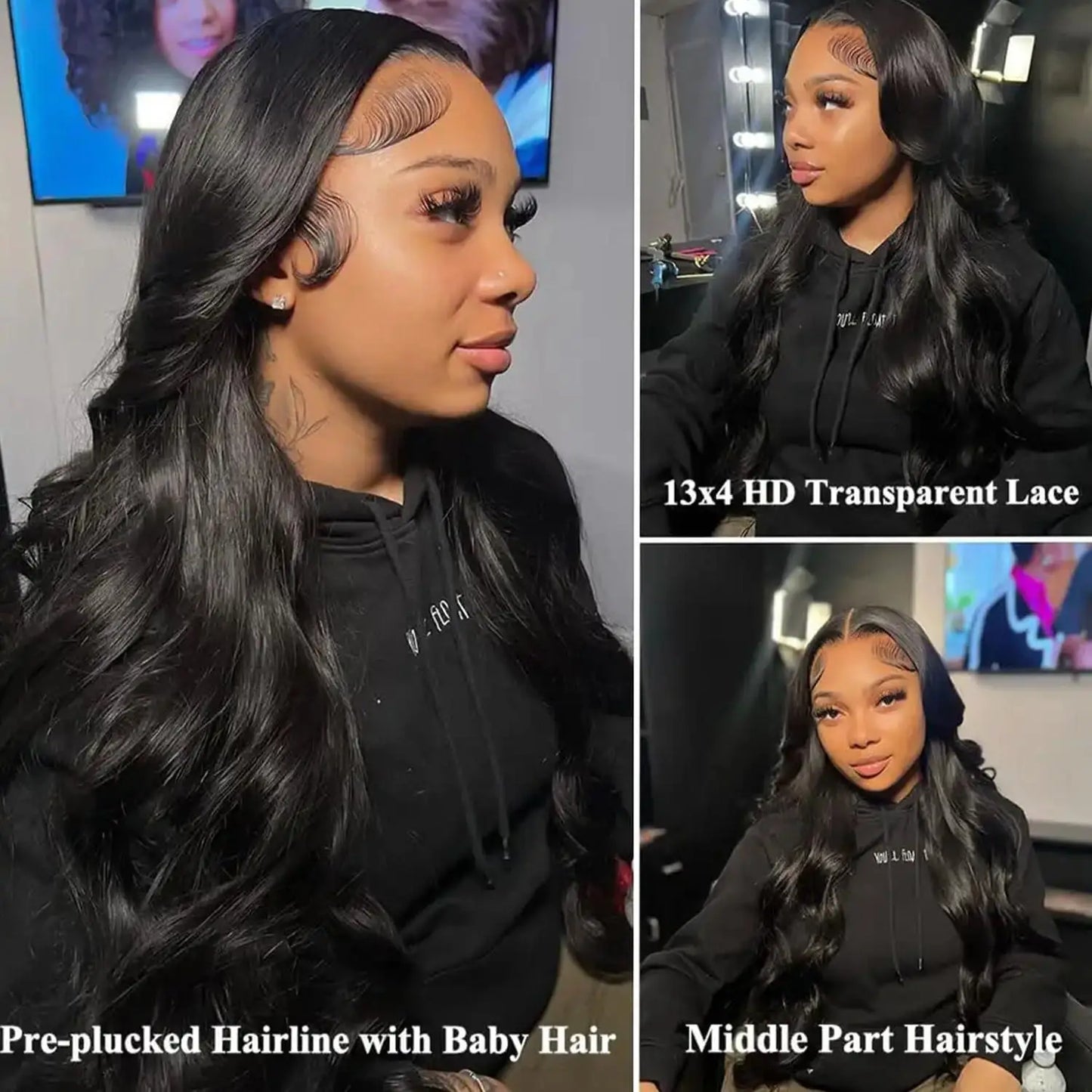Natural Black Body Wave Human Hair Lace Front Wig | 180% Density | Pre-Plucked HD Transparent Lace Frontal
