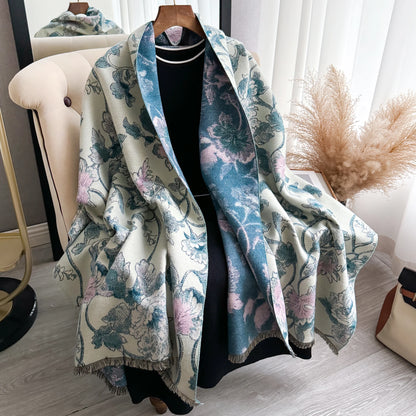 Women's Floral Jacquard Faux Cashmere Shawl | Thick Pashmina Wrap | Winter Shawl