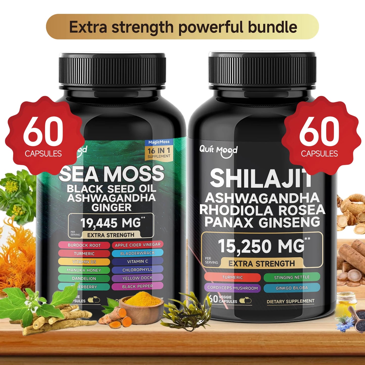 Quit Mood Sea Moss & Shilajit Energy Bundle | Black Seed Oil, Ashwagandha, Ginger, Rhodiola Rosea, Panax, Ginseng, Burdock Root & Turmeric | For Men & Women