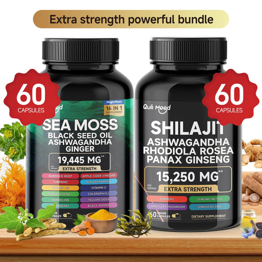Quit Mood Sea Moss & Shilajit Energy Bundle | Black Seed Oil, Ashwagandha, Ginger, Rhodiola Rosea, Panax, Ginseng, Burdock Root & Turmeric | For Men & Women