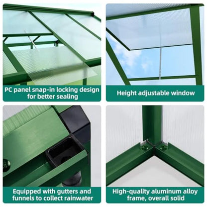 Outdoor large aluminum walk-in house with heavy-duty polycarbonate panels, gray roof vent ground nails, for garden, backyard, patio