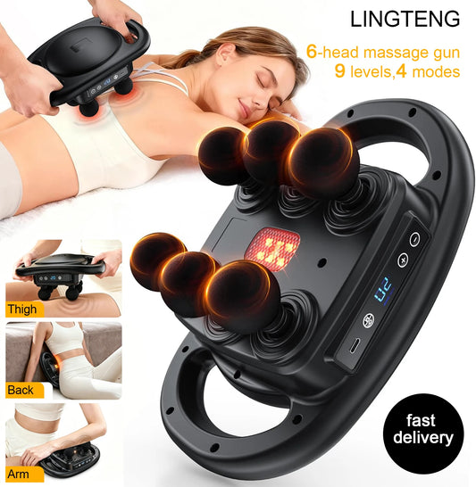 LINGTENG Deep Tissue Massage Gun | 6 Massage Heads | 9 Intensity Levels | 4 Massage Modes | Handheld Percussion Massager