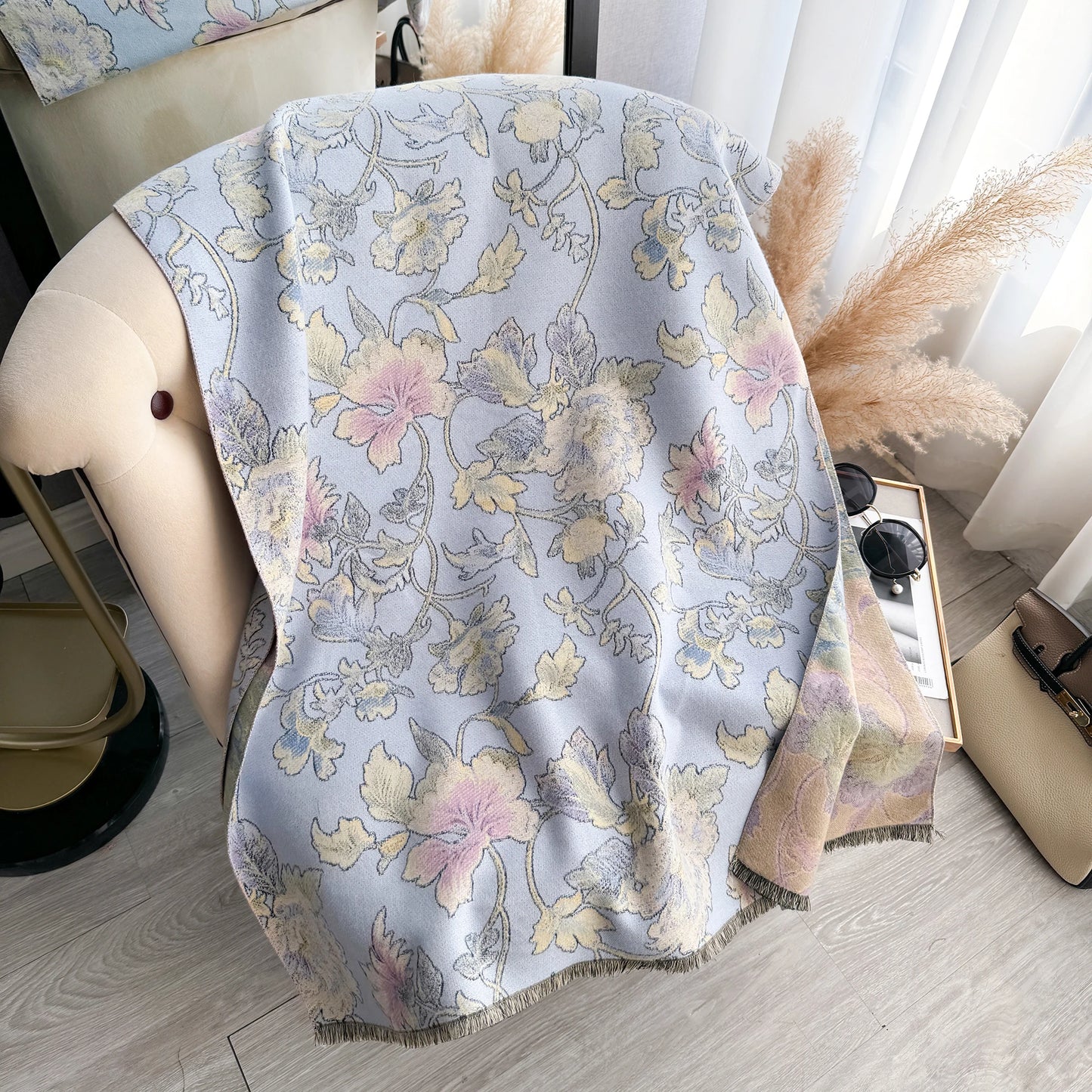 Women's Floral Jacquard Faux Cashmere Shawl | Thick Pashmina Wrap | Winter Shawl