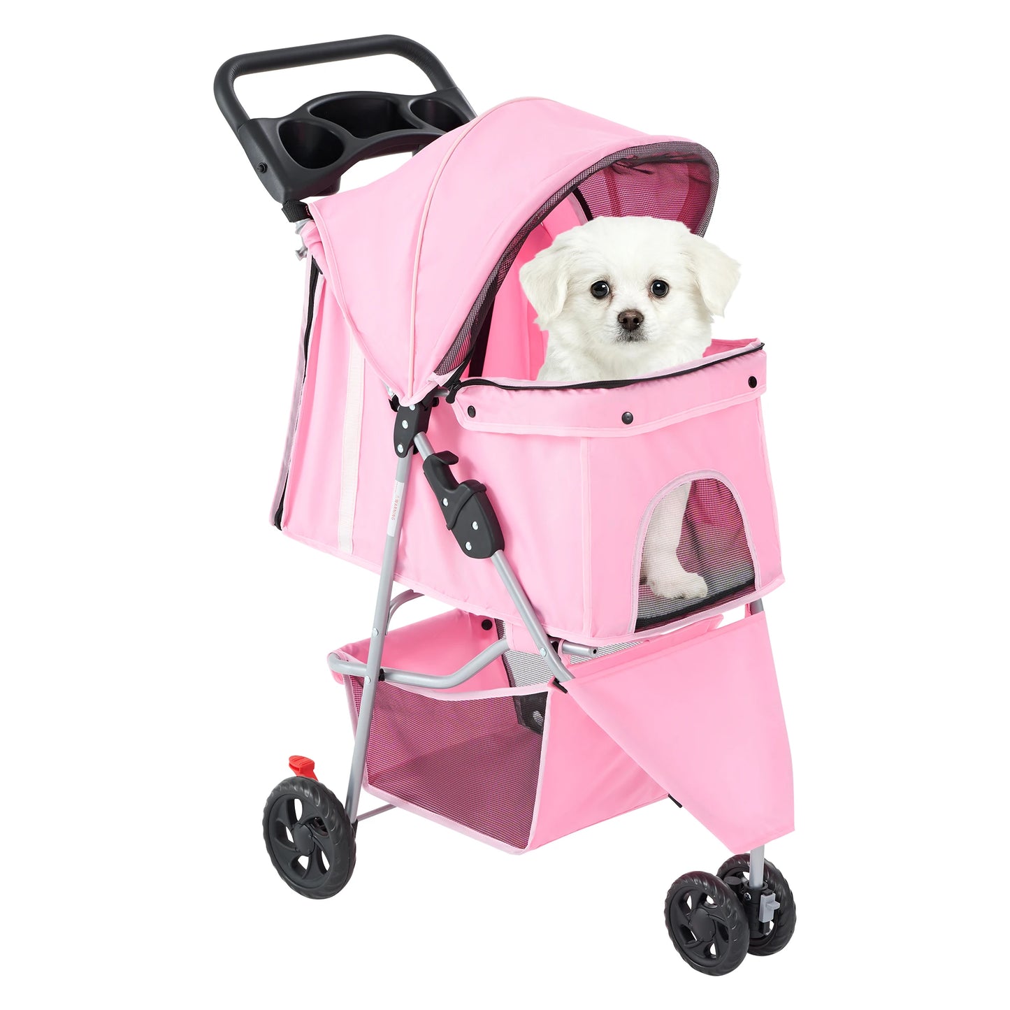 JHK 3-Wheel Pet Stroller | Foldable Design | Mesh Windows | Storage Basket & Cup Holder