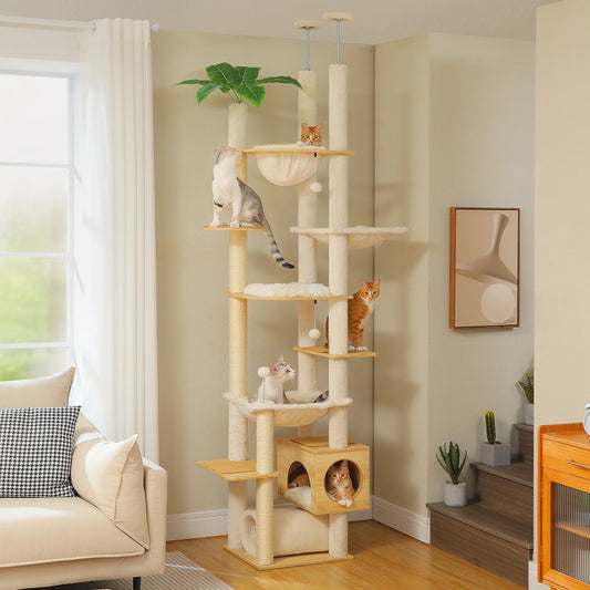 Adjustable Wooden Cat Tree | Floor-to-Ceiling Cat Tower | Large Hammock | Sisal Scratching Posts | Cozy Condo