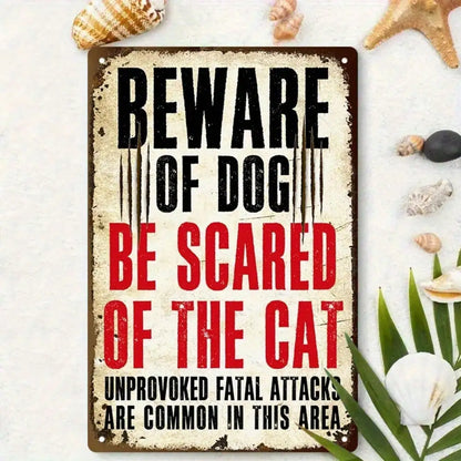 Funny Pet Warning Tin Sign | “Beware of Dog/Cat” Metal Wall Decor | 8x12 Inch Home & Office Decor
