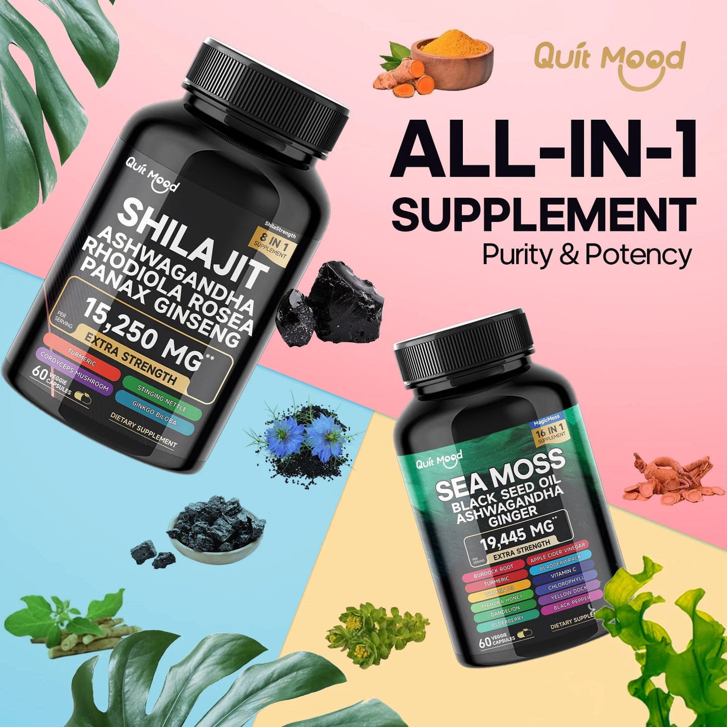 Quit Mood Sea Moss & Shilajit Energy Bundle | Black Seed Oil, Ashwagandha, Ginger, Rhodiola Rosea, Panax, Ginseng, Burdock Root & Turmeric | For Men & Women