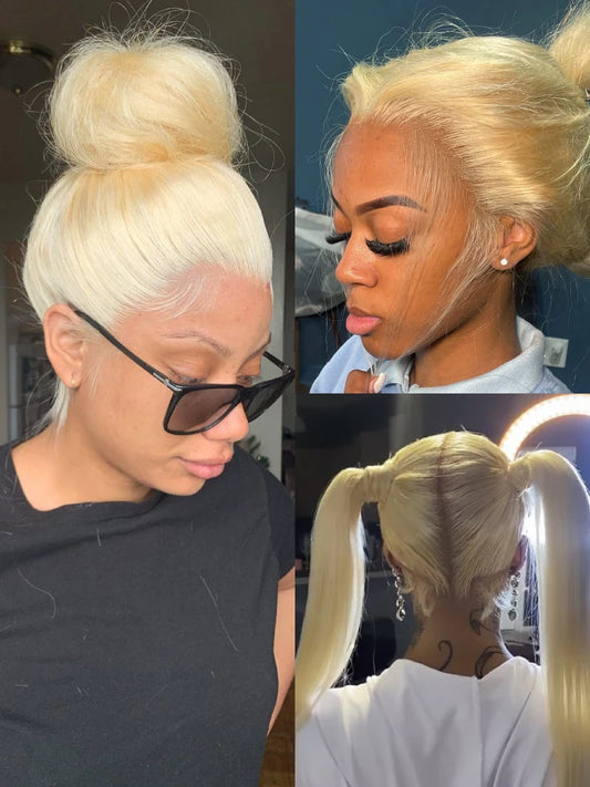 13x6 360 Lace Wig | 613 Blonde Human Hair | Pre-Plucked | Bone Straight | Ponytail Style