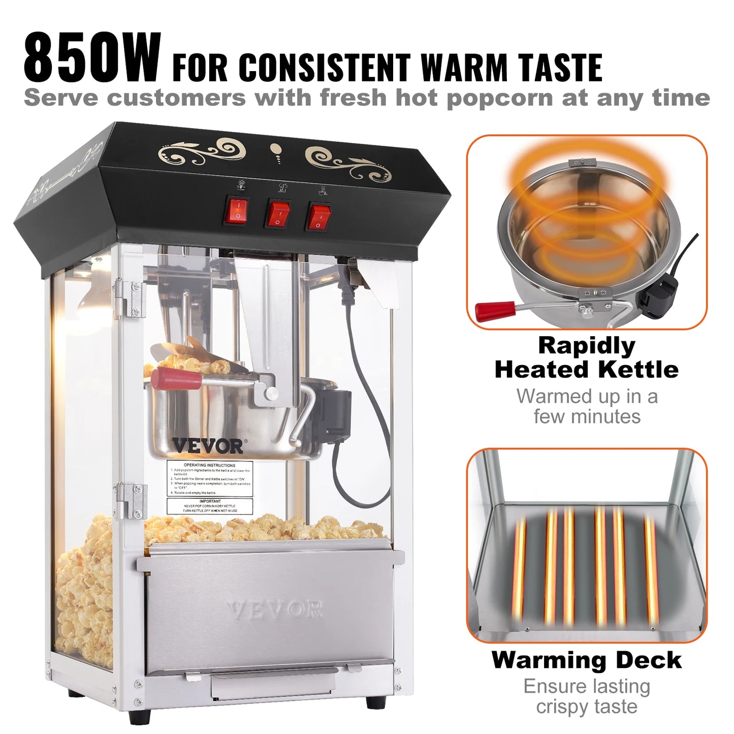 SucceBuy Countertop Popcorn Maker, 8 oz Kettle Popcorn Machine, Makes Up to 48 Cups per Batch, Includes 4 Scoops for Home and Commercial Use