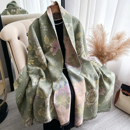 Women's Floral Jacquard Faux Cashmere Shawl | Thick Pashmina Wrap | Winter Shawl