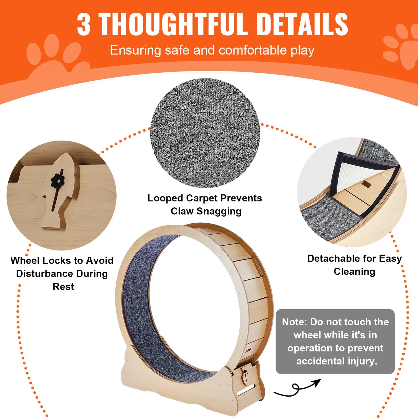 SucceBuy Large Wooden Cat Exercise Wheel, Indoor Cat Treadmill Wheel with Detachable Carpet and Interactive Cat Tease