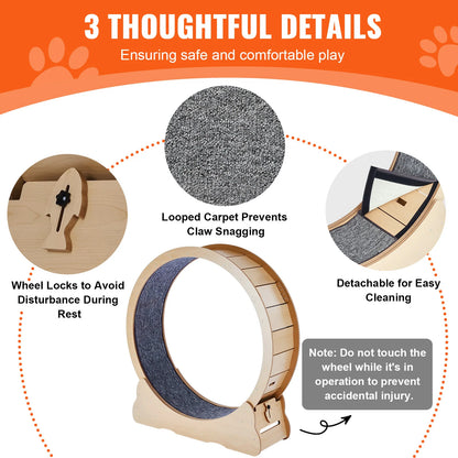 SucceBuy Large Wooden Cat Exercise Wheel, Indoor Cat Treadmill Wheel with Detachable Carpet and Interactive Cat Tease