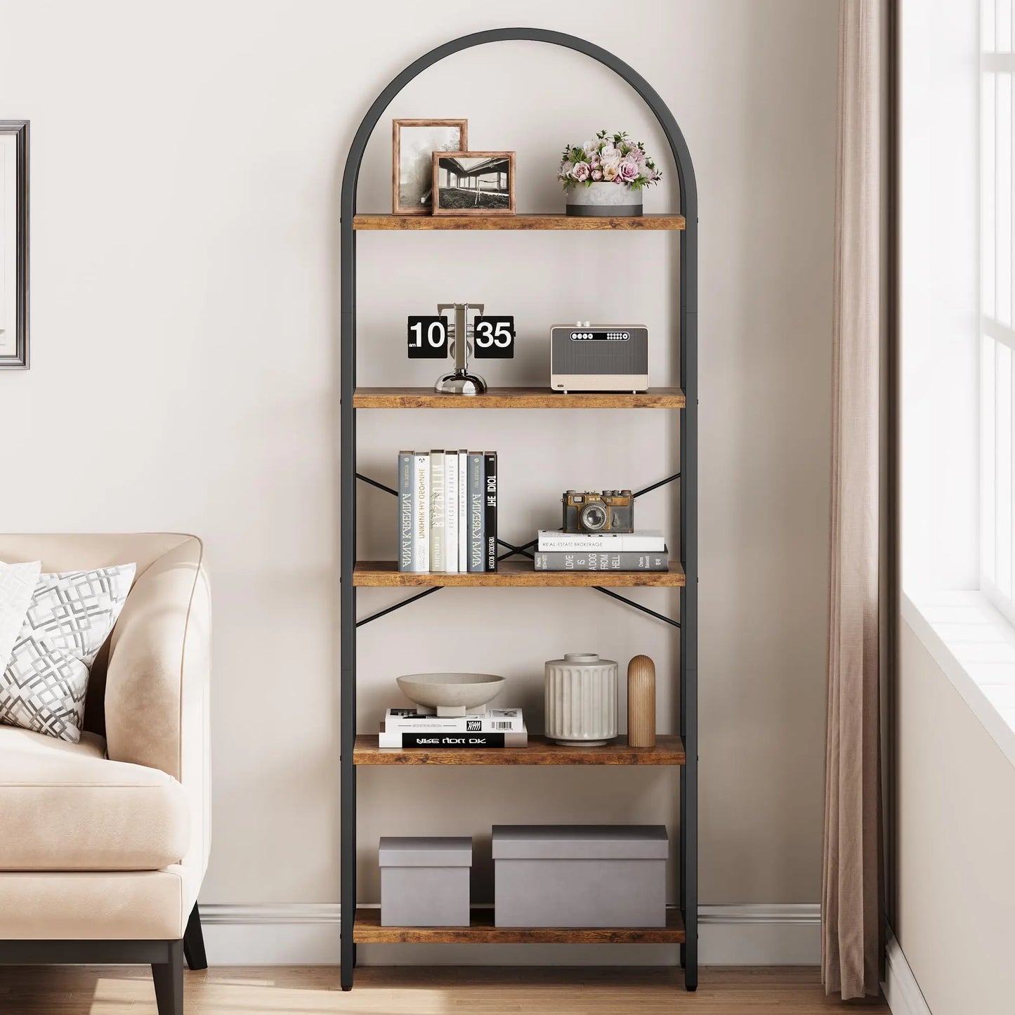 71-Inch Arched Bookshelf | 5-Tier Open Bookcase | Industrial Metal Frame Shelving Unit