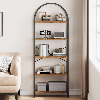 71-Inch Arched Bookshelf | 5-Tier Open Bookcase | Industrial Metal Frame Shelving Unit