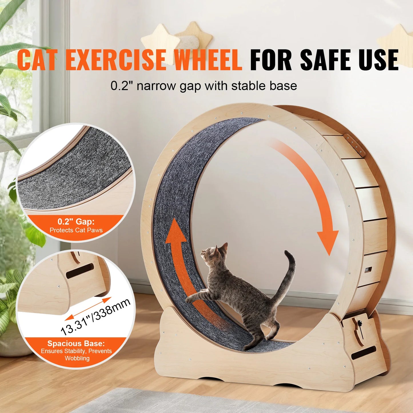 SucceBuy Large Wooden Cat Exercise Wheel, Indoor Cat Treadmill Wheel with Detachable Carpet and Interactive Cat Tease