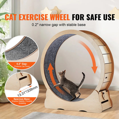 SucceBuy Large Wooden Cat Exercise Wheel, Indoor Cat Treadmill Wheel with Detachable Carpet and Interactive Cat Tease