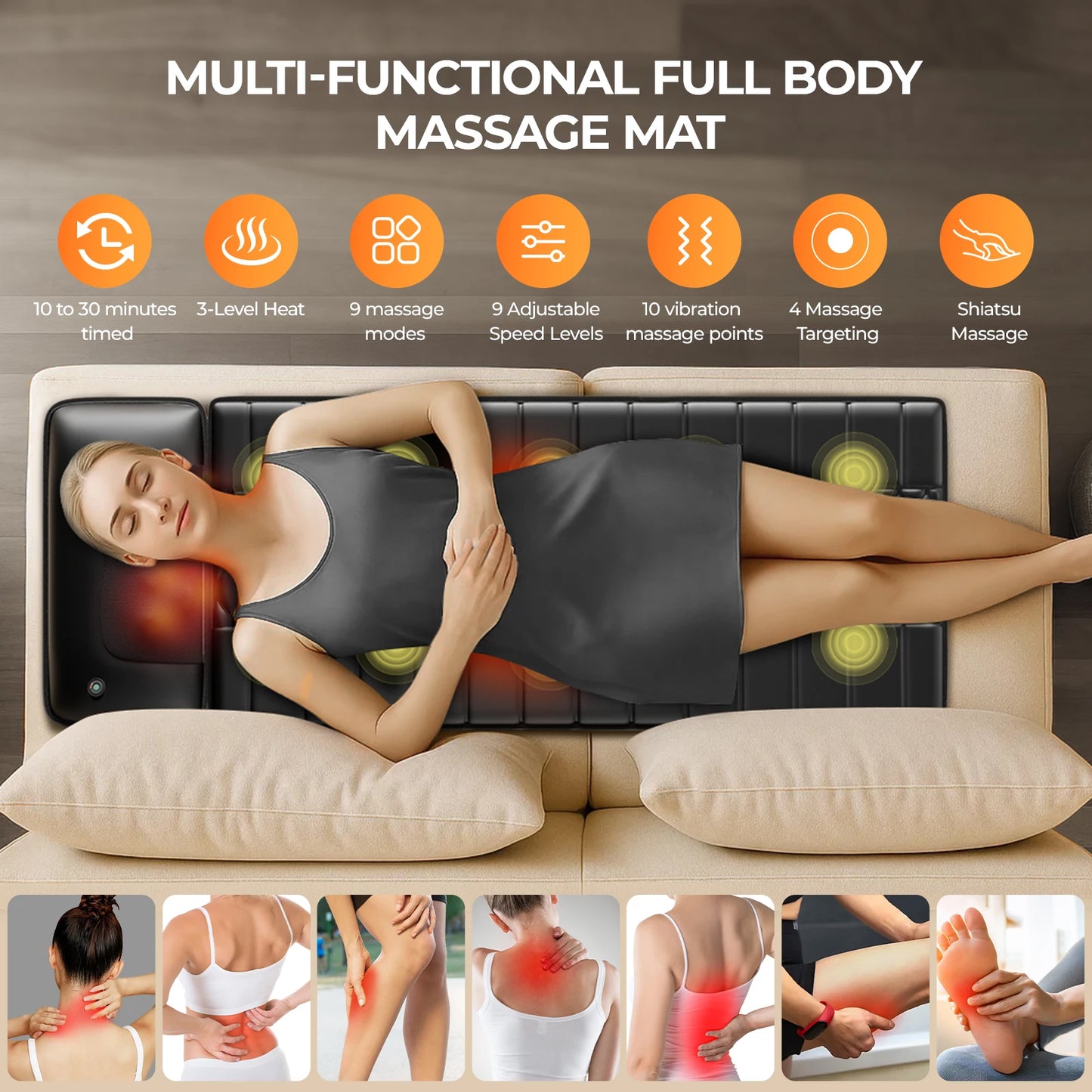 Shiatsu Full Body Massage Mat | Heat Function | 10 Vibrating Motors | Adjustable Intensity Massage Pad