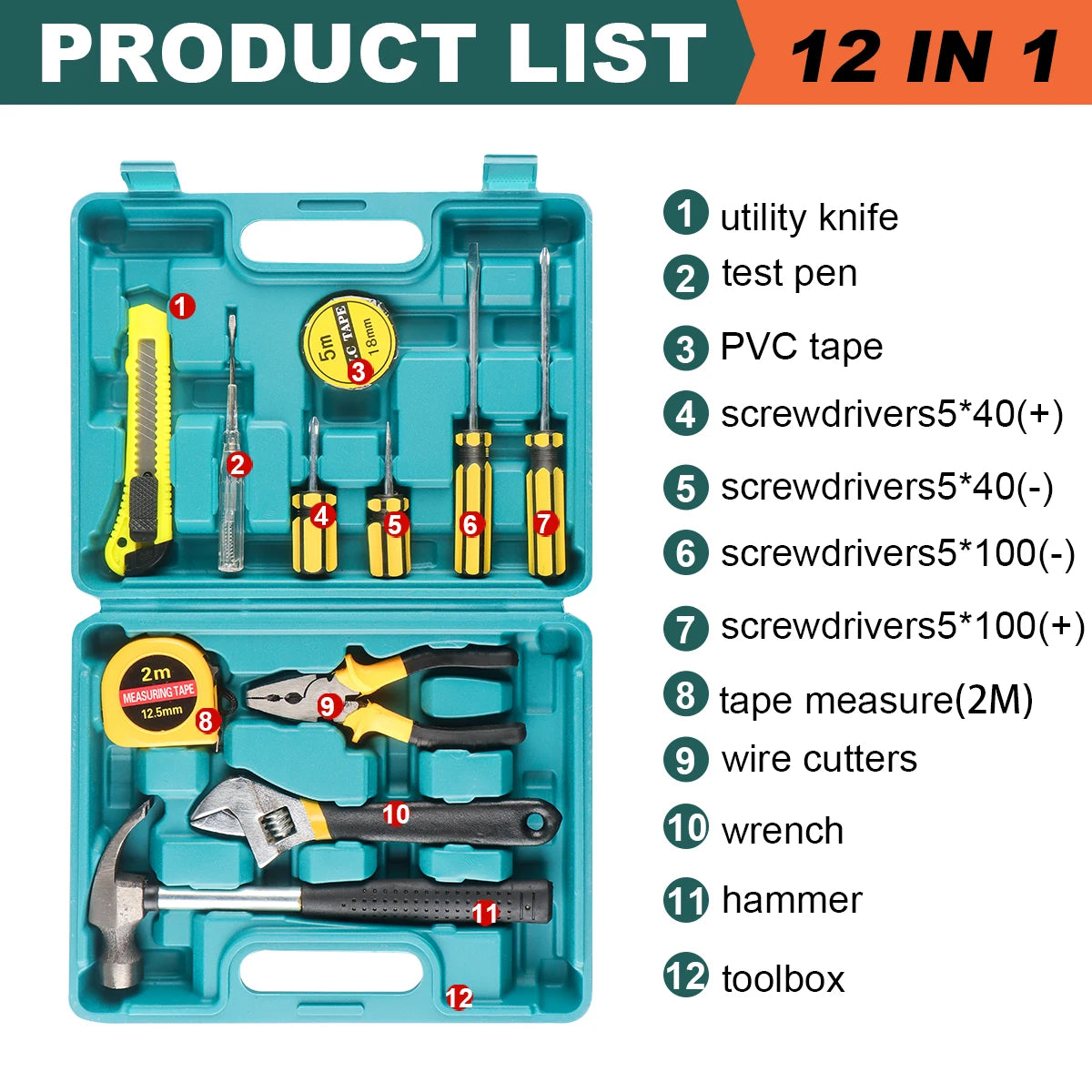 Household Hand Tool Set | 8/9/12/13-Piece | Portable Plastic Toolbox | Home & Auto Repair Kit