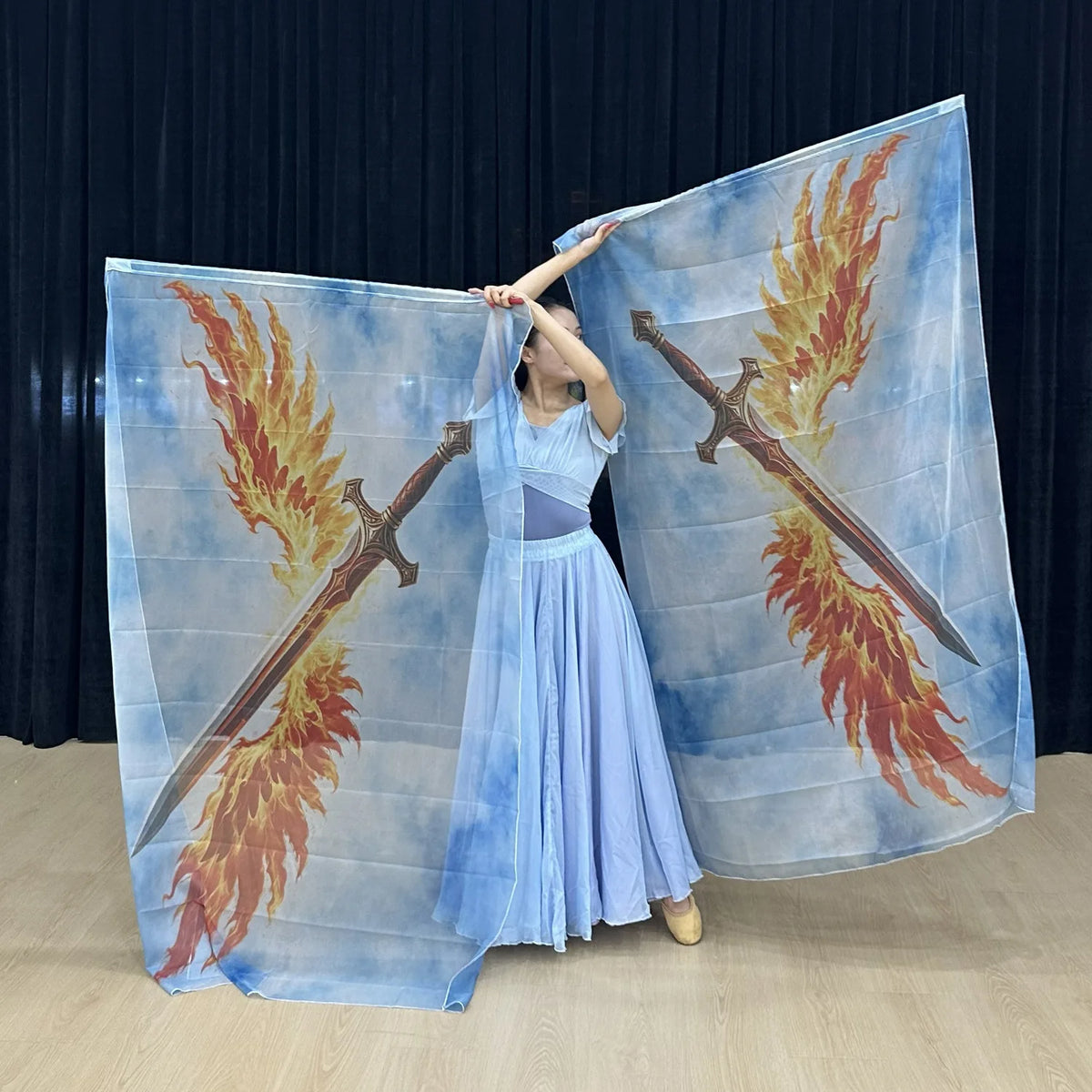 Chiffon Double Sword Praise Flag – Flowing Tie-Dye Flame Worship & Dance Veil