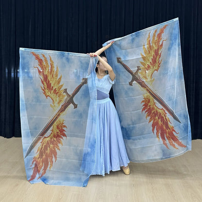 Chiffon Double Sword Praise Flag – Flowing Tie-Dye Flame Worship & Dance Veil