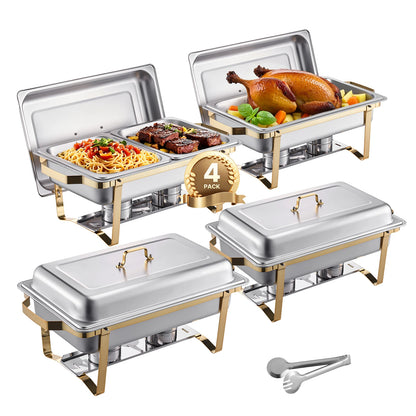 SucceBuy 4-Pack 8-Qt Stainless Steel Chafing Dish Buffet Set with Full-Size & Half-Size Pans for Catering and Events