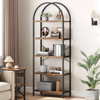 71-Inch Arched Bookshelf | 5-Tier Open Bookcase | Industrial Metal Frame Shelving Unit