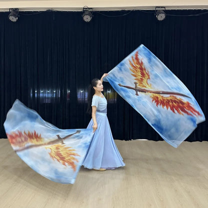 Chiffon Double Sword Praise Flag – Flowing Tie-Dye Flame Worship & Dance Veil