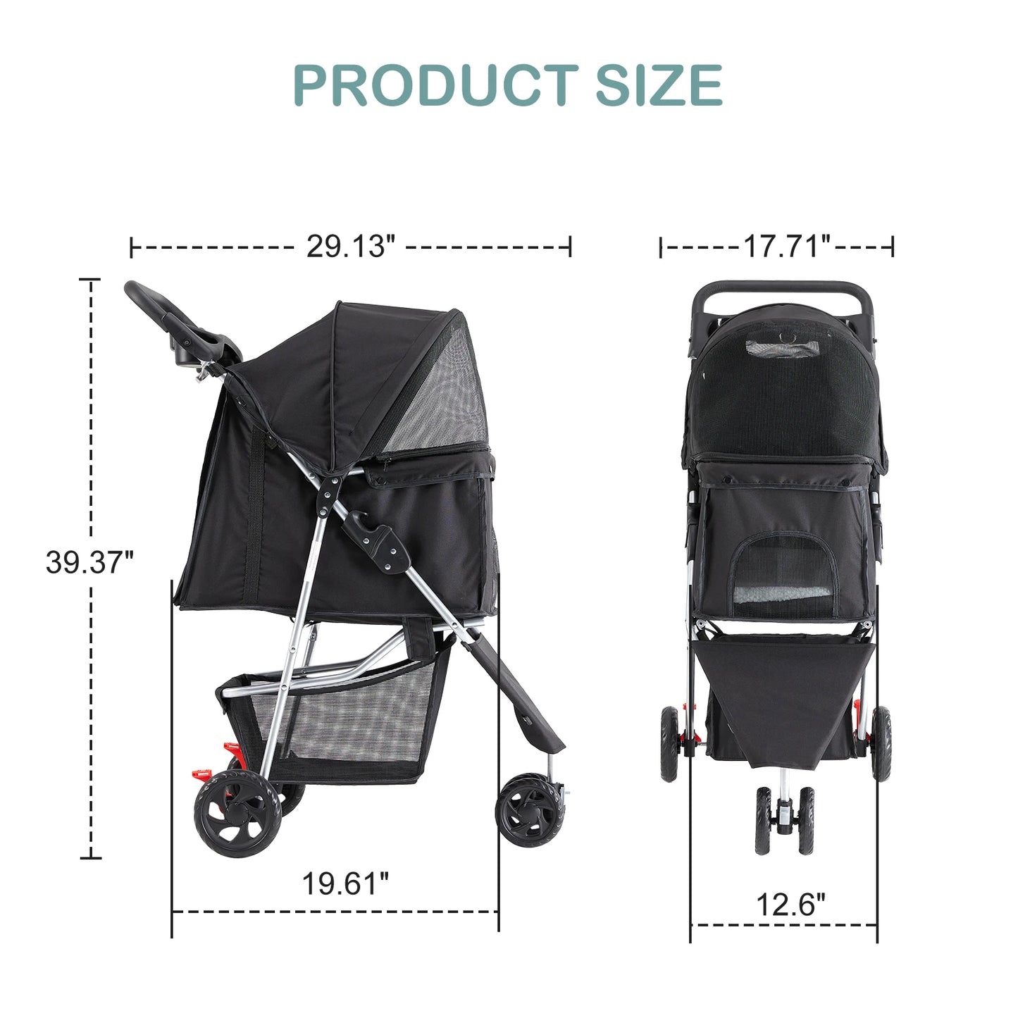 JHK 3-Wheel Pet Stroller | Foldable Design | Mesh Windows | Storage Basket & Cup Holder