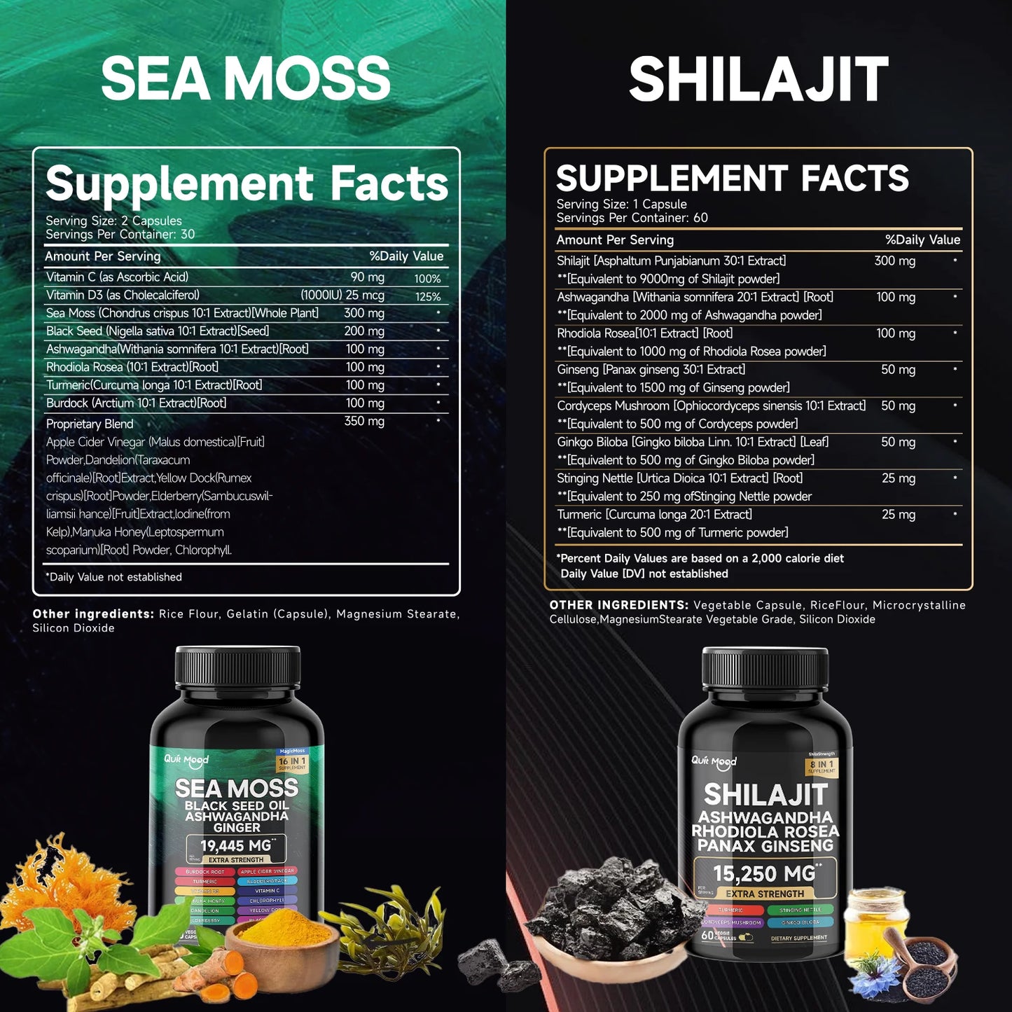 Quit Mood Sea Moss & Shilajit Energy Bundle | Black Seed Oil, Ashwagandha, Ginger, Rhodiola Rosea, Panax, Ginseng, Burdock Root & Turmeric | For Men & Women