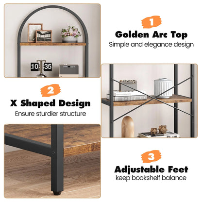 71-Inch Arched Bookshelf | 5-Tier Open Bookcase | Industrial Metal Frame Shelving Unit