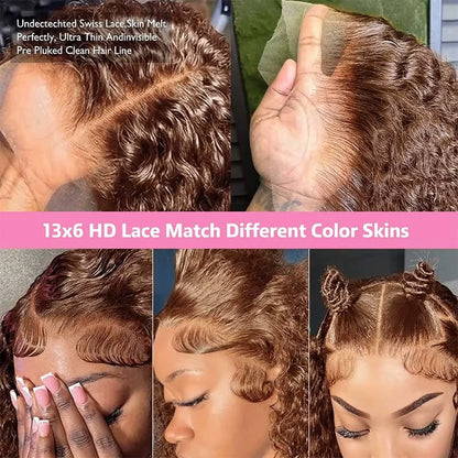 36-Inch Chocolate Brown Human Hair Lace Front Wig for Women, 220% Density, 13x6/13x4 HD Transparent Lace Frontal Wig, Curly Deep Wave Brazilian Style, Pre-Plucked Natural Look