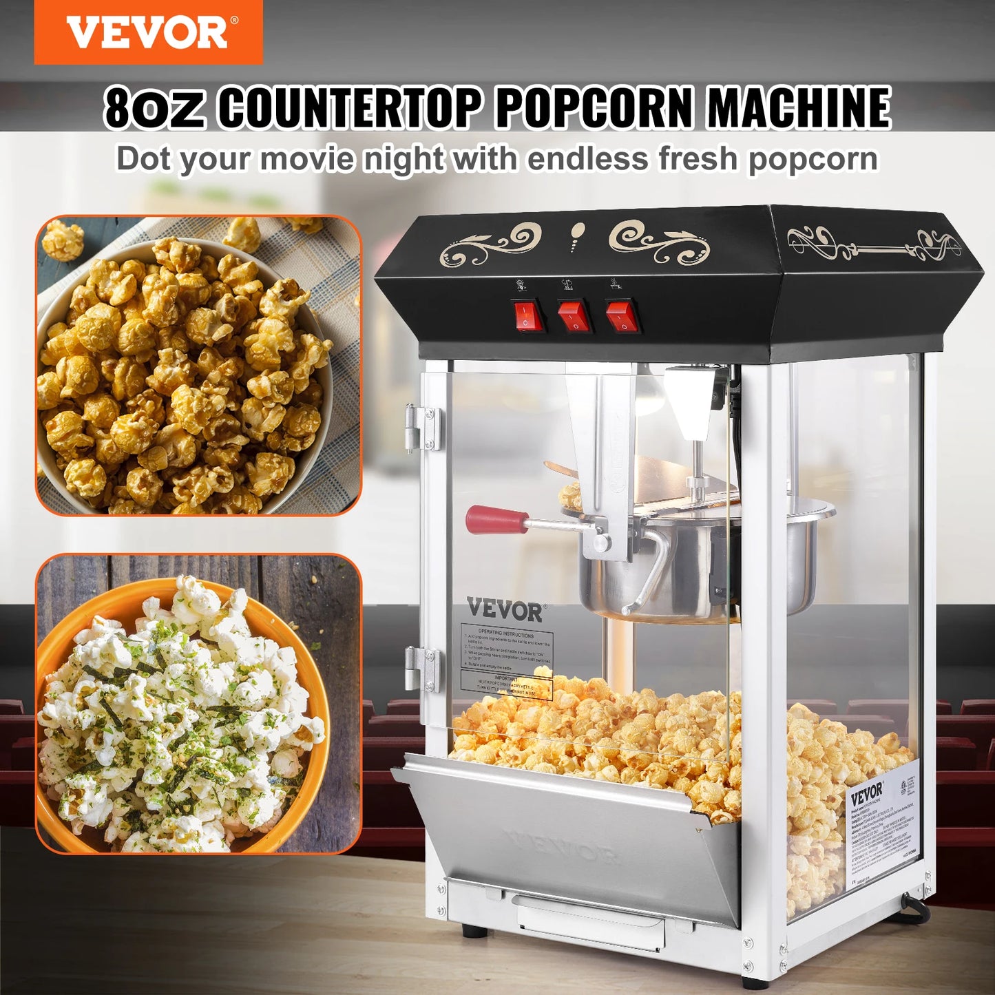 SucceBuy Countertop Popcorn Maker, 8 oz Kettle Popcorn Machine, Makes Up to 48 Cups per Batch, Includes 4 Scoops for Home and Commercial Use