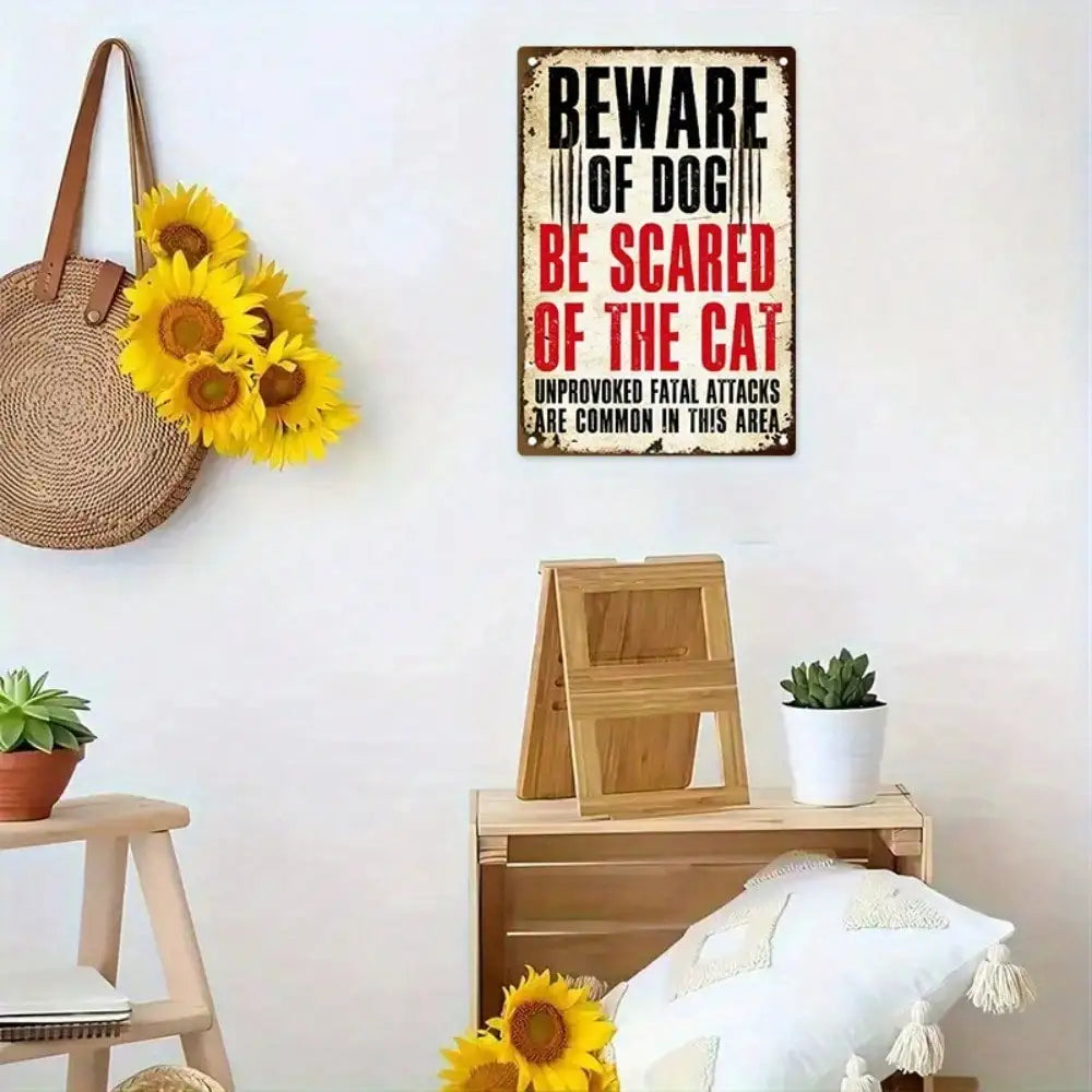Funny Pet Warning Tin Sign | “Beware of Dog/Cat” Metal Wall Decor | 8x12 Inch Home & Office Decor