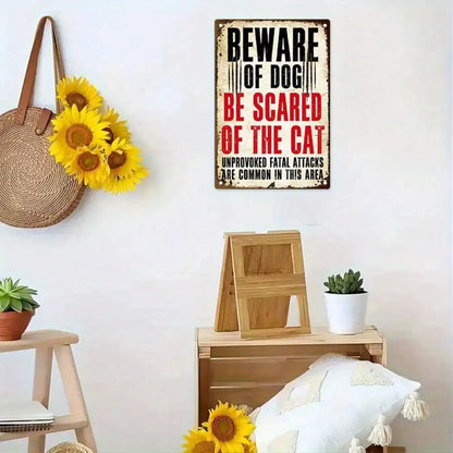 Funny Pet Warning Tin Sign | “Beware of Dog/Cat” Metal Wall Decor | 8x12 Inch Home & Office Decor